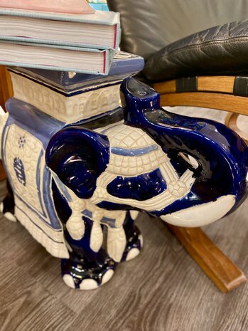 Vintage platentafel olifant keramiek wit blauw | Sprinkelhop