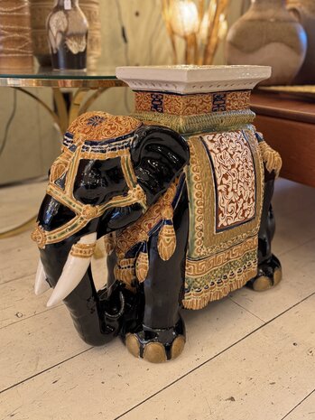 Vintage plantentafel olifant keramiek donkerblauw