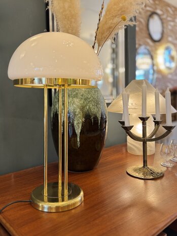 Leola vintage mushroom tafellamp messing opaline glas 1980s groot | Sprinkelhop
