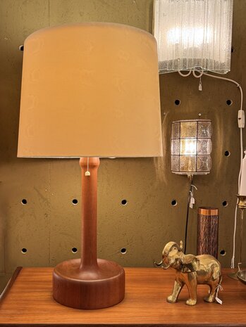Vintage Domus teak houten tafellamp 1970s stoffen kap