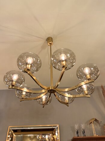 Jaren '70 messing kroonluchter met rookglazen bollen | Sprinkelhop