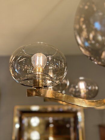 Jaren '70 messing kroonluchter met rookglazen bollen | Sprinkelhop