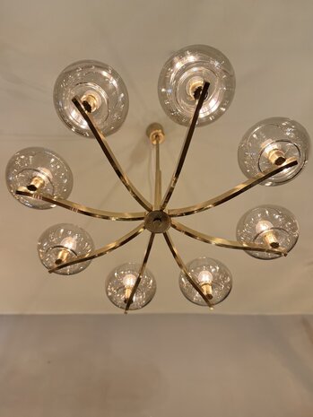 Jaren '70 messing kroonluchter met rookglazen bollen | Sprinkelhop