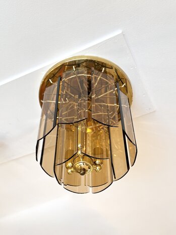 Vintage messing plafondlamp met rookglazen platen | Sprinkelhop