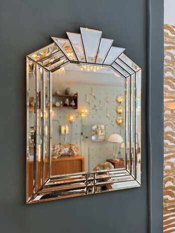 Vintage jaren '70 art deco stijl spiegel van facetgeslepen glaspanelen | Sprinkelhop