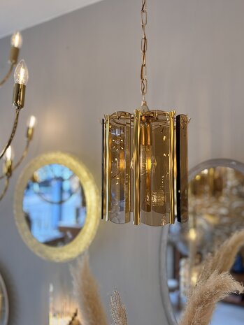 Vintage messing rookglazen platen hanglamp met goudkleurige hangers | Sprinkelhop