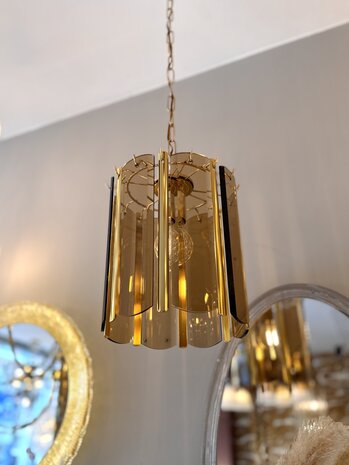 Vintage messing rookglazen platen hanglamp met goudkleurige hangers | Sprinkelhop