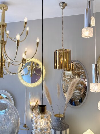 Vintage messing rookglazen platen hanglamp met goudkleurige hangers | Sprinkelhop