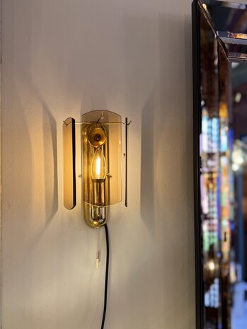 Vintage messing wandlamp met 3 rookglazen platen | Sprinkelhop