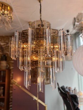 Vintage messing platen kroonluchter hanglamp rookglas plexiglas | Sprinkelhop