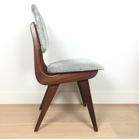 Vintage houten eetkamerstoelen grijs velours