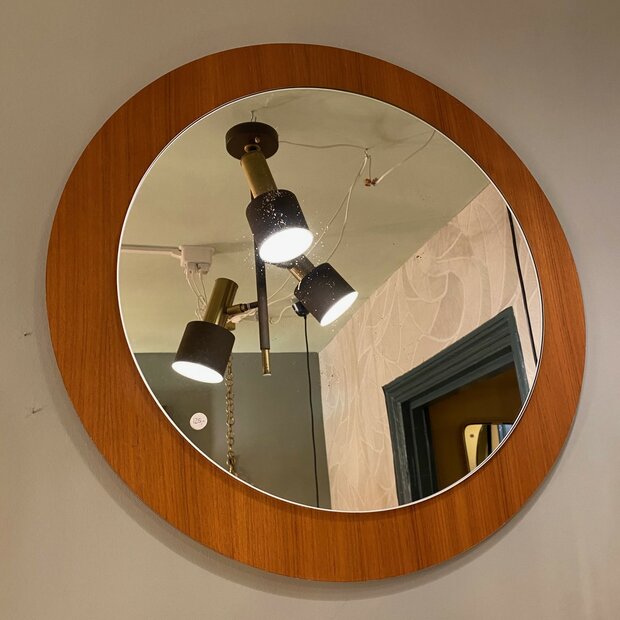 Vintage teak houten ronde spiegel