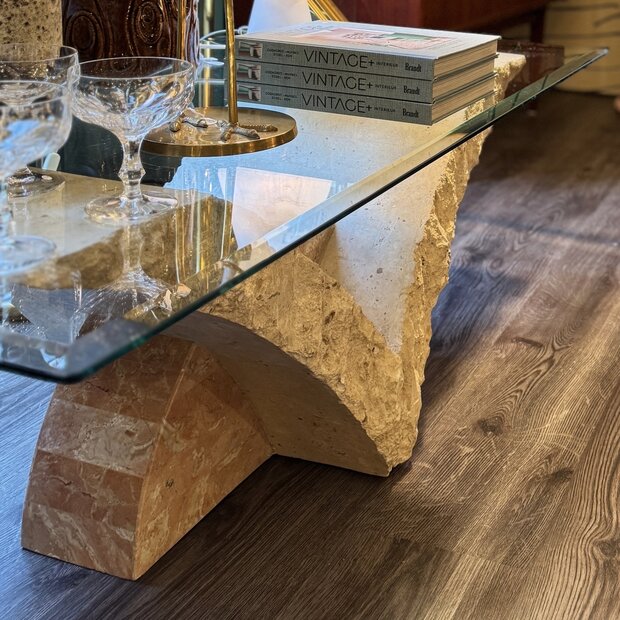Vintage rechthoekige travertin mactan stone glazen salontafel| Sprinkelhop