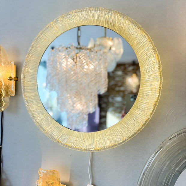 Vintage Hillebrand ronde spiegel van plexiglas met verlichting | Sprinkelhop