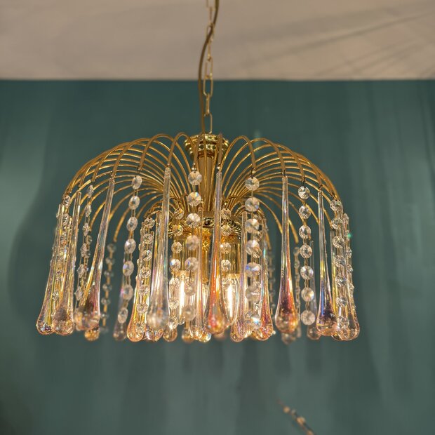 Vintage messing Murano glazen teardrop kroonluchter roze iriserend | Sprinkelhop