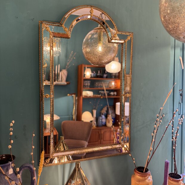 Vintage Spaanse trapezium spiegel met messing| Sprinkelhop