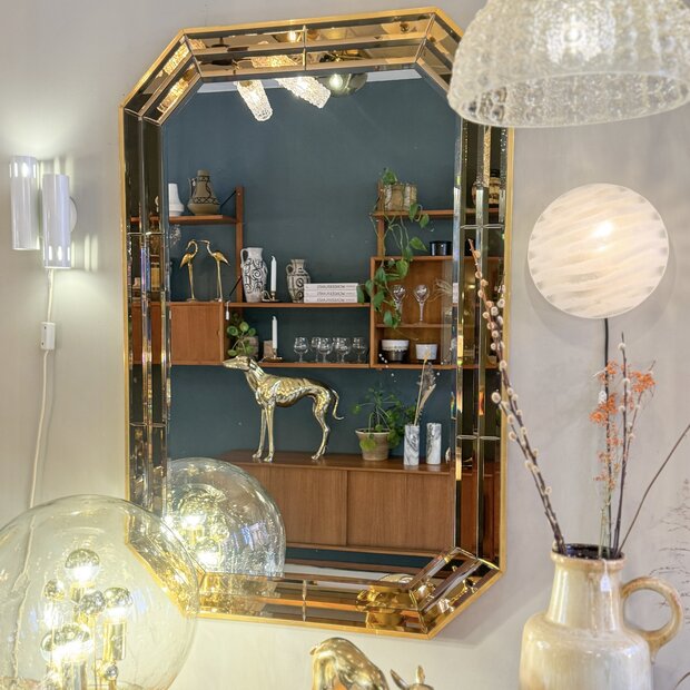 Vintage octagon messing spiegel met dubbele bronskleurige rand | Sprinkelhop