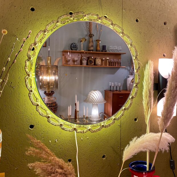 Schoninger vintage messing ronde spiegel met verlichting | Sprinkelhop