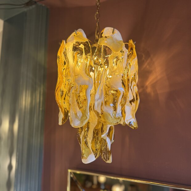 Mazzega Murano glazen kroonluchter wit geel | Sprinkelhop