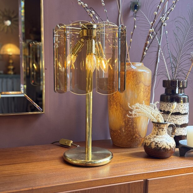 Vintage messing rookglazen platen tafellamp | Sprinkelhop