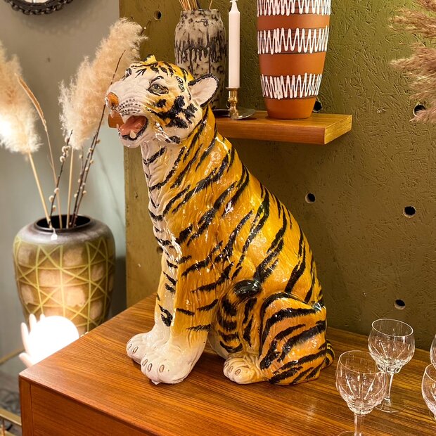 Vintage keramieken tijger beeld handbeschilderd zittend | Sprinkelhop