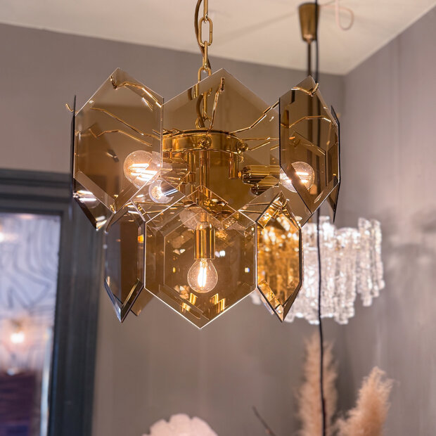 Vintage hexagon rookglazen platen kroonluchter messing 2-laags | Sprinkelhop