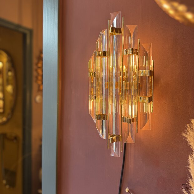 Vintage Italiaanse wandlamp messing met geslepen kristalglazen staven | Sprinkelhop