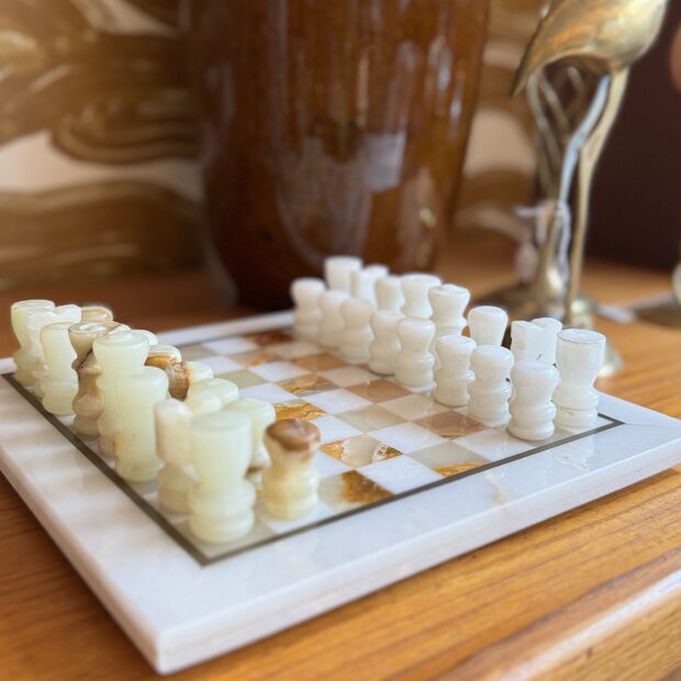 Vintage klein marmeren schaakspel wit onyx | Sprinkelhop