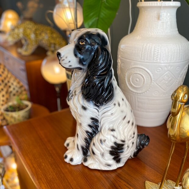 Vintage keramieken hondenbeeld Spaniel zwart wit | Sprinkelhop