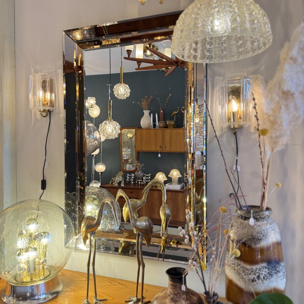 Vintage rechthoekige goudkleurige rookglazen spiegel facet geslepen | Sprinkelhop