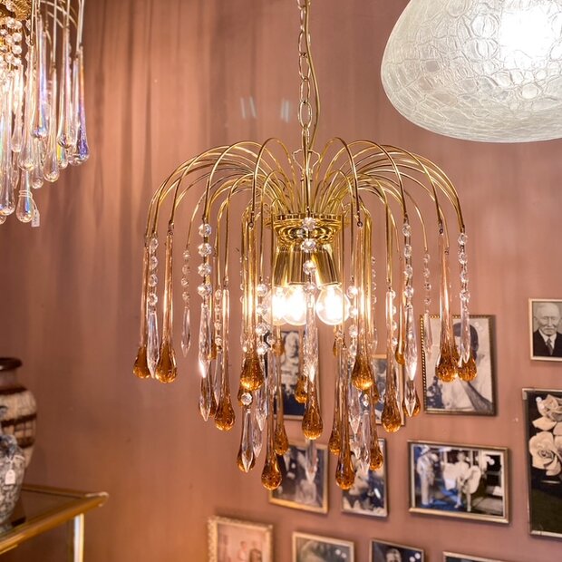 Vintage Italiaanse teardrop kroonluchter Murano glas roze transparant | Sprinkelhop