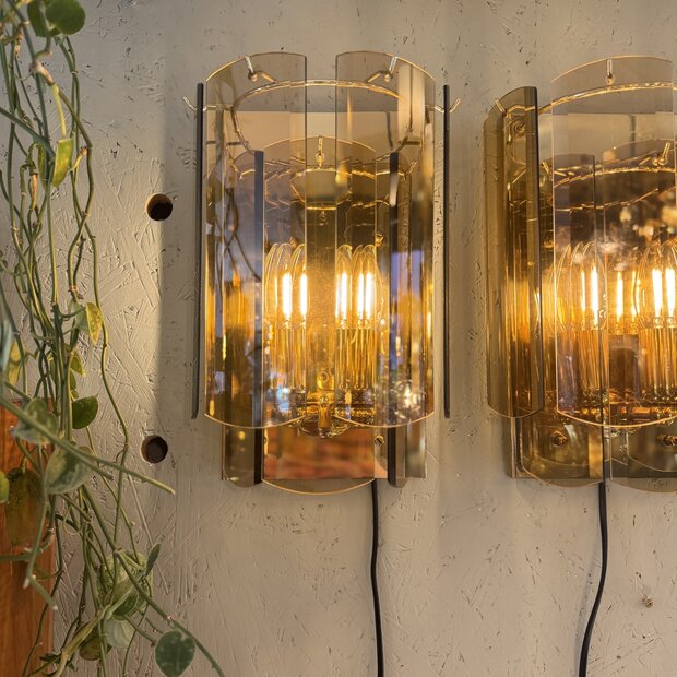 Vintage messing wandlamp met rookglazen platen | Sprinkelhop