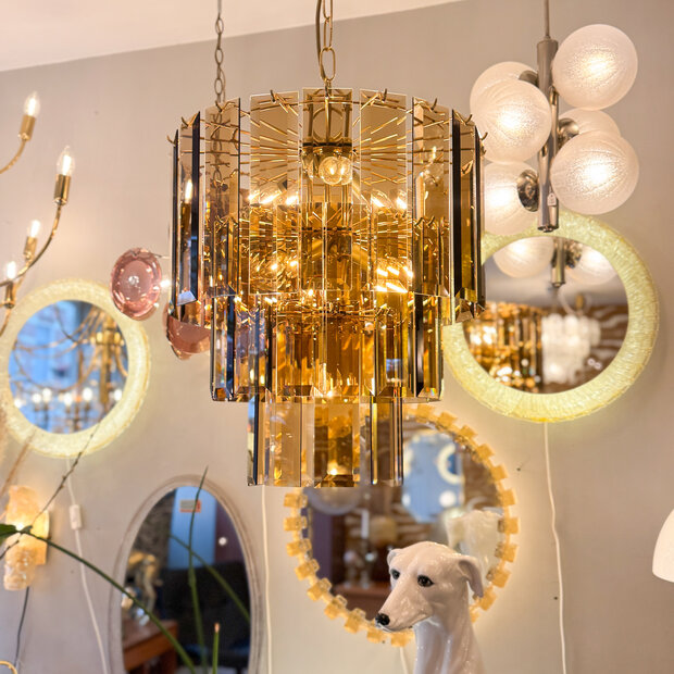 Vintage messing rookglazen platen hanglamp kroonluchter 3-laags | Sprinkelhop