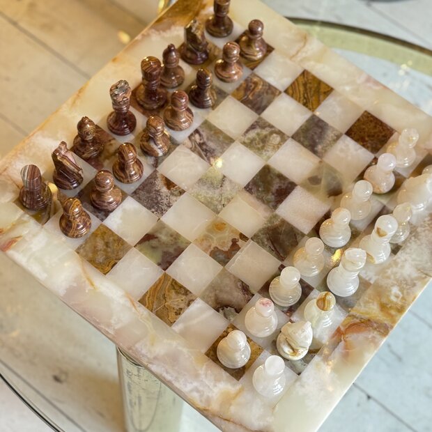 Vintage gem&ecirc;leerd onyx marmeren schaakspel rood wit| Sprinkelhop
