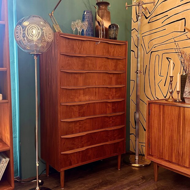 Vintage zeldzame midcentury teak Deense ladekast met 8 lades | Sprinkelhop