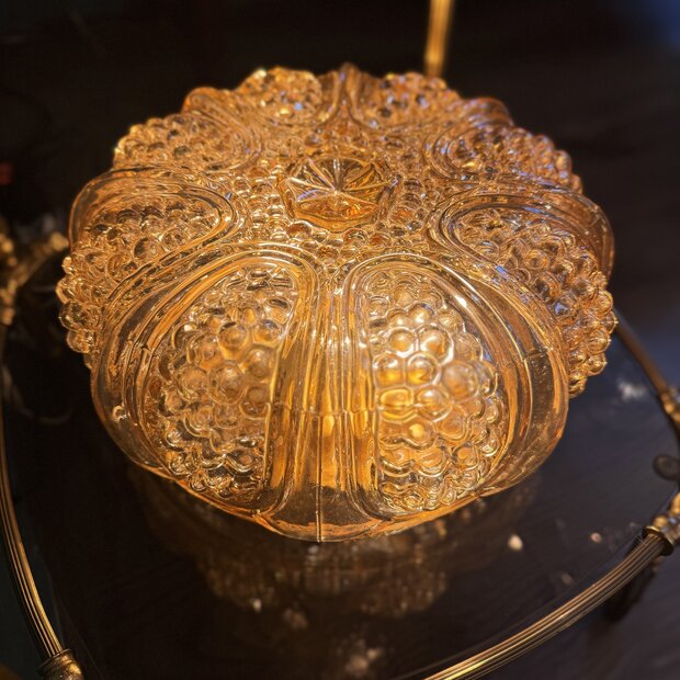 Vintage amber glazen plafondlamp ribbels en bubbles| Sprinkelhop