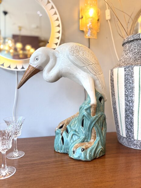 Vintage reiger beeld wit met groen keramiek | Sprinkelhop