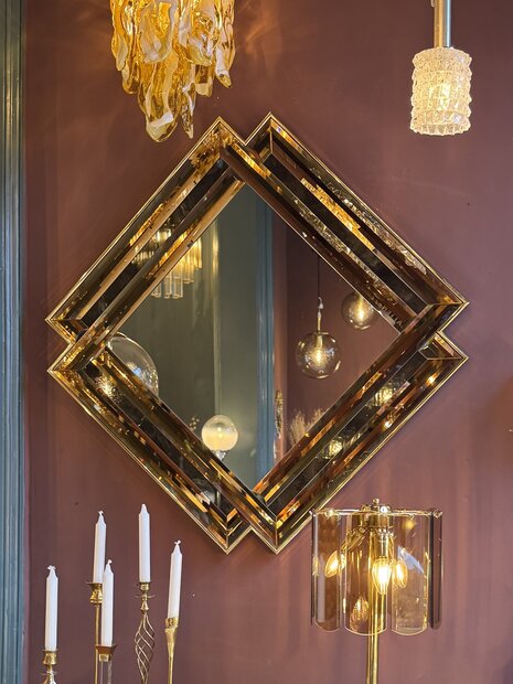 Vintage vierkante rosegouden spiegel facet geslepen