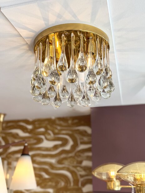 Vintage messing Palwa Murano glazen teardrop plafondlamp 