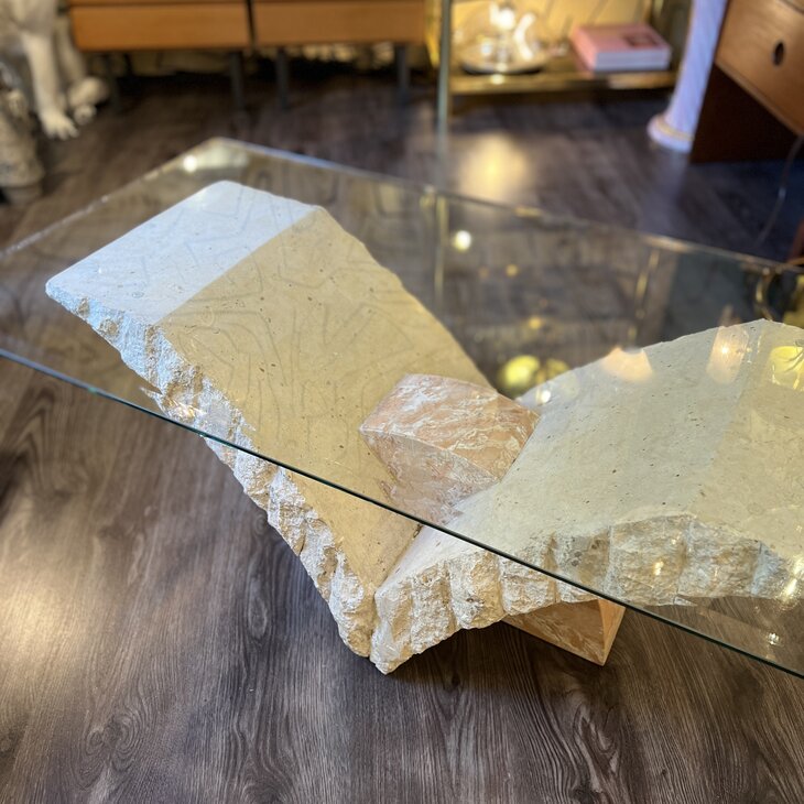Vintage rechthoekige travertin mactan stone glazen salontafel| Sprinkelhop