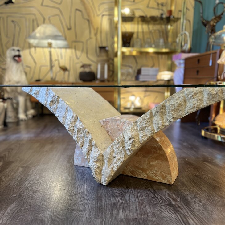 Vintage rechthoekige travertin mactan stone glazen salontafel| Sprinkelhop