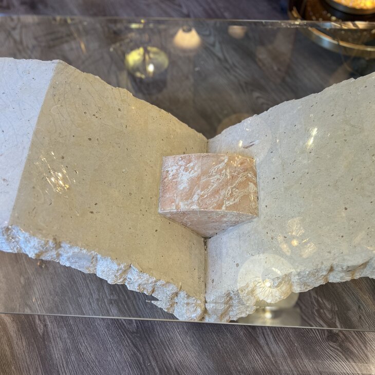 Vintage rechthoekige travertin mactan stone glazen salontafel| Sprinkelhop