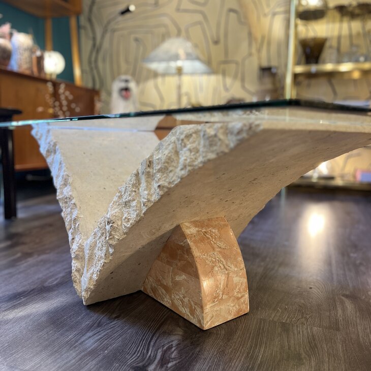 Vintage rechthoekige travertin mactan stone glazen salontafel| Sprinkelhop
