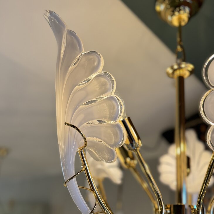 Murano wit glazen Franco Luce Seguso kroonluchter messing  | Sprinkelhop