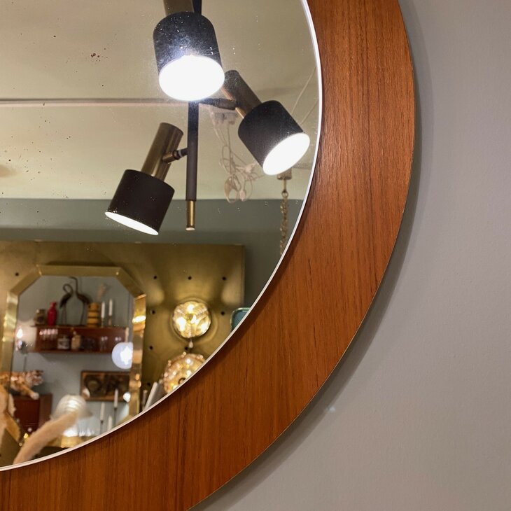 Vintage teak houten ronde spiegel