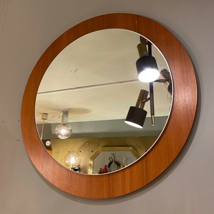 Vintage teak houten ronde spiegel