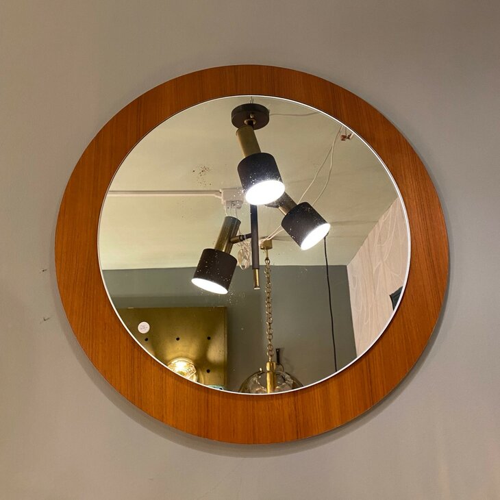 Vintage teak houten ronde spiegel