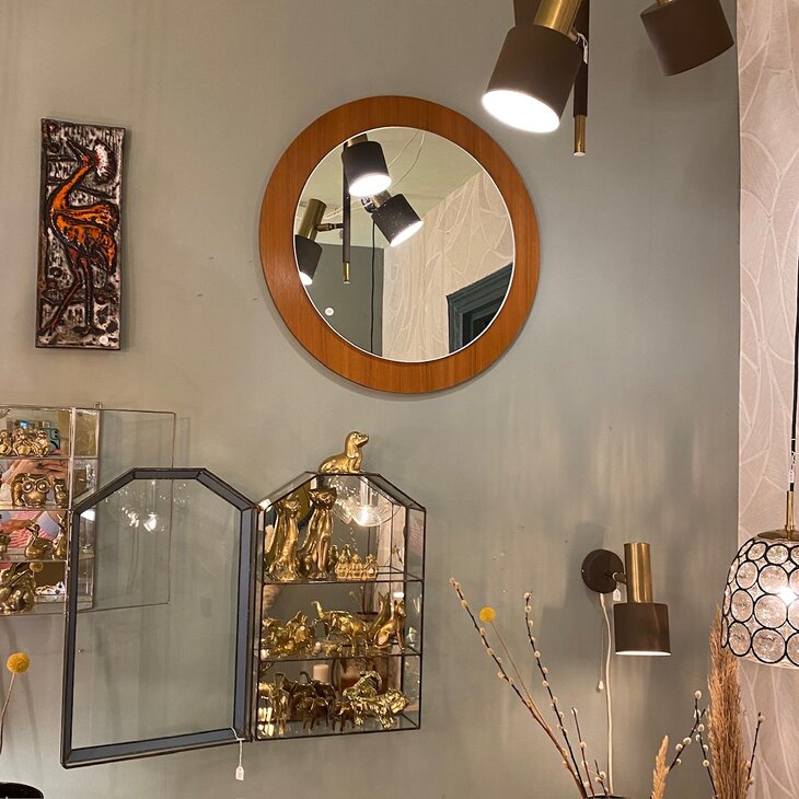 Vintage teak houten ronde spiegel