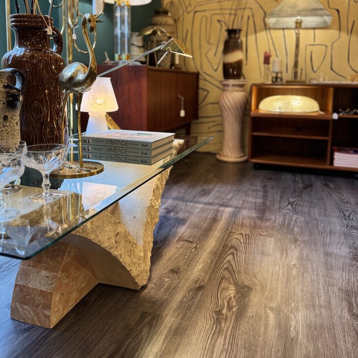 Vintage rechthoekige travertin mactan stone glazen salontafel| Sprinkelhop