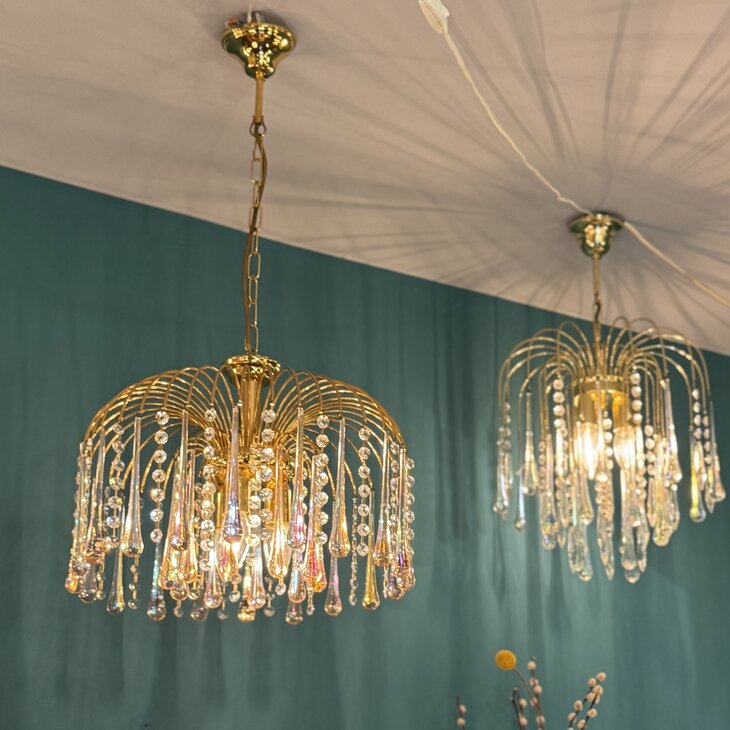 Vintage messing Murano glazen teardrop kroonluchter roze iriserend | Sprinkelhop